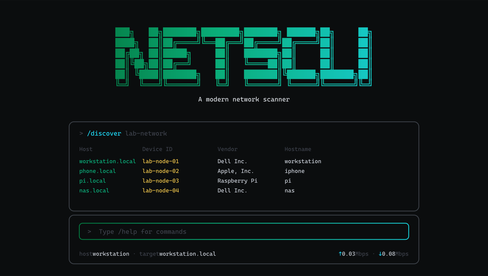 netscli terminal UI running /discover with sanitized lab hostnames, vendors, and response times